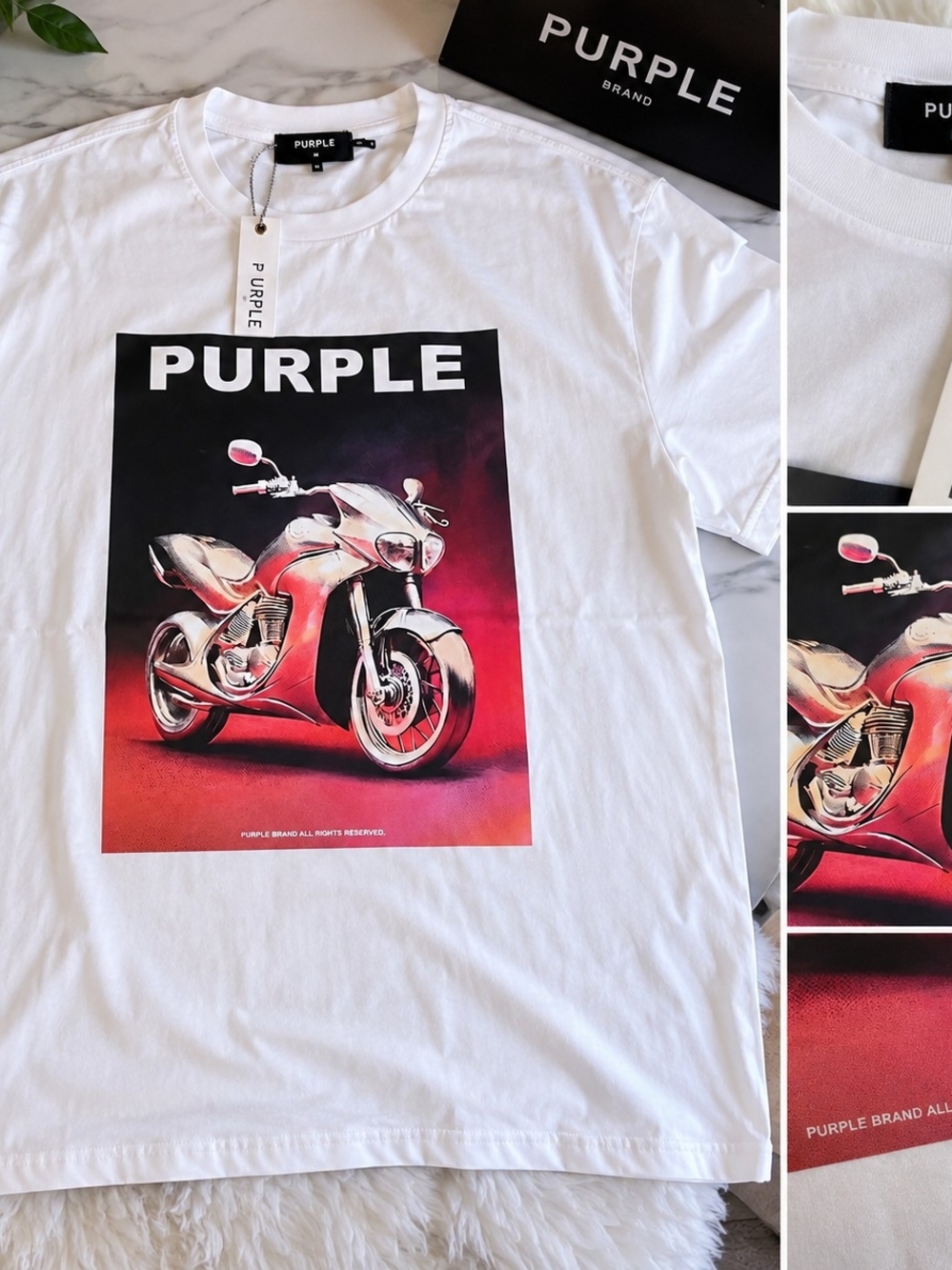 Purple Brand Men's White Short Sleeve Tee with Motorcycle Graphic